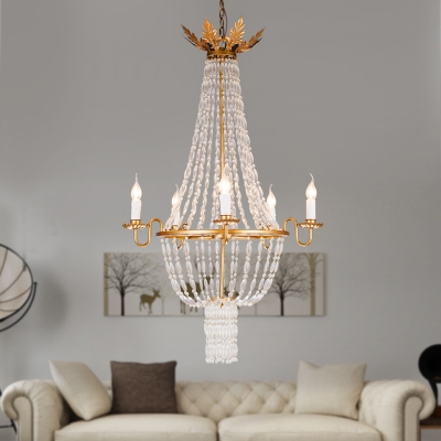 5 Lights Empire Chandelier Lamp Vintage Clear Crystal Foyer Pendant Lamp in Gold