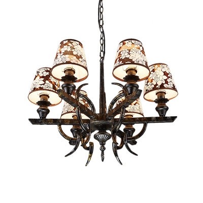 6 Lights Tapered Chandelier Lamp with Flower Pattern Traditional Hanging Ceiling Light in Rust