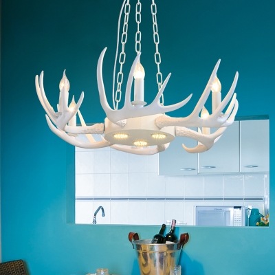 Antlers Design Chandelier Light with/without Shade Resin Village 6 Lights Suspension Light in White