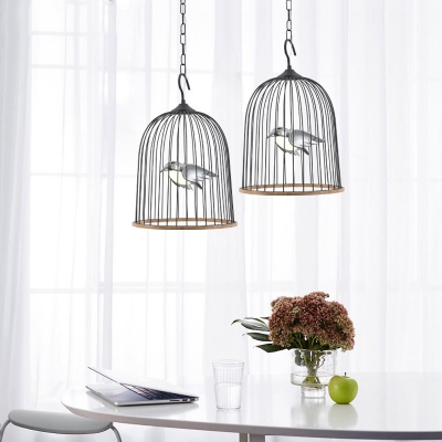 Black Birdcage Pendant Lighting 1 Light Rustic Metal Led Hanging Lamp in White Light with Black/Pink Bird
