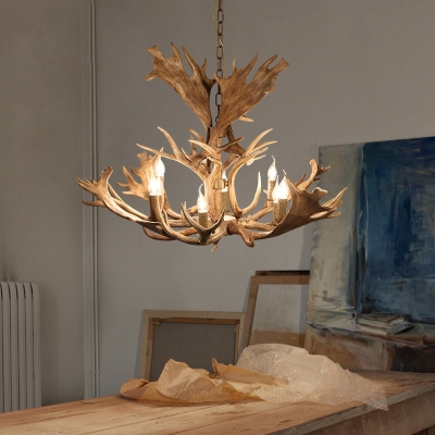 Brown Antlers Chandelier Pendant Light with Candle Village Resin 8 Bulbs Ceiling Chandelier