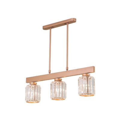 Copper Linear Pendant Modern 3 Heads Crystal Cylinder Hanging Lamp for Kitchen Dining