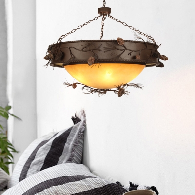 Frosted Glass Bowl Hanging Light with Pinecone Accents Country Style 4 Lights Chandelier in Rufous