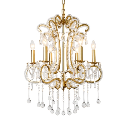 Gold Candle Ceiling Pendant Light with Clear K9 Crystal 6 Lights Modern Suspension Light