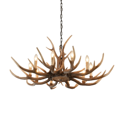 Height Adjustable Pendant Chandelier with Antlers and Bare Bulb Countryside Resin 4/6/8/10 Lights Hanging Lamp in Brown
