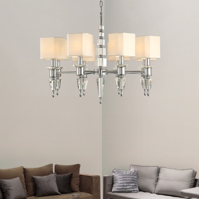 Height Adjustable Square Chandelier Lamp White Fabric Shade 6 Lights Modern Hanging Light in Chrome