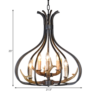 Indoor Vase Pendant Lighting with Resin Antler Country Style Metal 3/6 Lights Hanging Lamp
