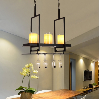 Linear Pendant Lighting with Clear Glass and Marble Lampshade 3/5 Lights Loft Island Chandelier in Black