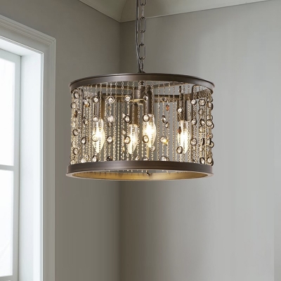 Loft Style Black Drum Suspended Lamp 4 Bulbs Metal Pendant Lamp with Chain and Crystal Beads