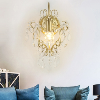 Metal Flower Wall Lamp with Crystal Bead Bedroom Hallway 1 Light Luxurious Sconce Light in Gold