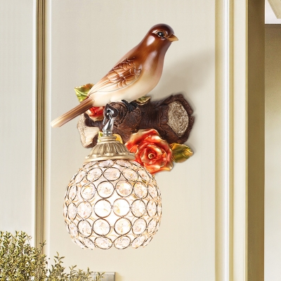 Right/Left Bird Wall Lighting Fixture Country Style 1 Light Resin Sconce Light with Clear Dome Shade in Brown