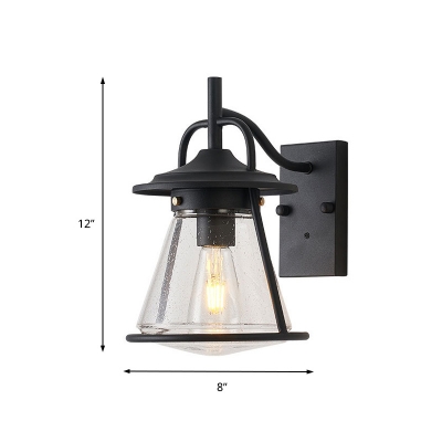Rustic Black Finish Wall Sconce with Conical Shade 1 Light Bubbled Glass Wall Lamp for Outdoor