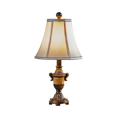 Traditional Table Light with White Fabric Shade 1 Head Standing Table Lamp in Aged Brass