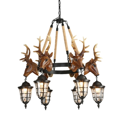 Vintage Urn Cage Hanging Chandelier with Elk Accent Metal 6 Heads Indoor Chandelier Lighting Fixture in Brown