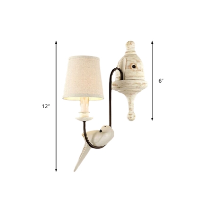 1/2 Lights Tapered Wall Sconce with Bird Accents Country Rustic Fabric Wall Lighting in Distressed White