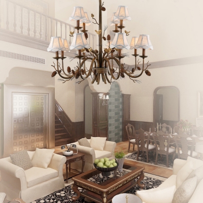 2 Tiers Hanging Chandelier Lighting with Scalloped Fabric Shade Loft Style Multi Light Pendant Lamp