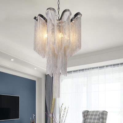4 Bulbs Metal Chain Chandelier Lighting Art Deco Pendant Light in Silver for Living Room
