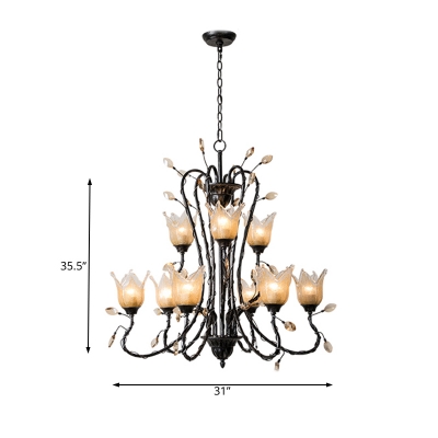 Amber Glass Bloom Hanging Light 9 Lights Traditional Suspension Lamp in Black with Crystal Accents
