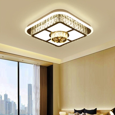 Contemporary Square Flush Ceiling Light Clear Crystal Led Close to Ceiling Light in White