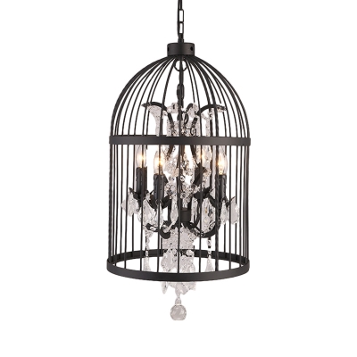 Country Style Birdcage Pendant Lighting with Crystal Accents Metallic 4 Lights Black Hanging Lamp