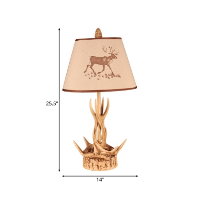 Country Style Tapered Table Lamp with Antler Accents 1 Light Beige Fabric Shade Table Light