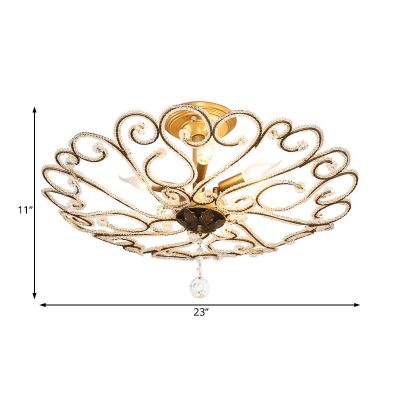 Country Style Wire Frame Semi Flush Lamp Metal and Crystal 4 Lights Semi Flush Ceiling Light in Gold