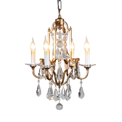 French Country Candle Chandelier Light with Clear Crystal Prisms 4 Lights Aged Brass Pendant Light for Entryway