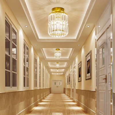 Gold Cylinder Flush Ceiling Light Modern Elegant Gold Clear Crystal LED Ceiling Lamp for Foyer Hallway