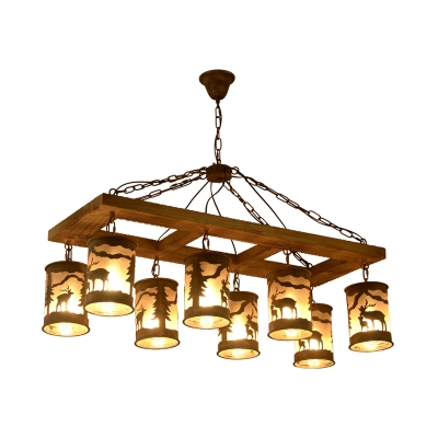 Linear Island Lighting Country Style Solid Wood and Metal 8 Lights Multi Light Pendant in Rust