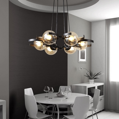 Metal Round Chandelier Lighting with Clear Glass Panels Modern 6 Lights Pendant Light in Black