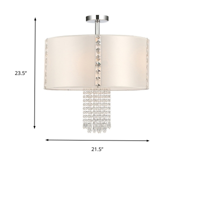 Modern Drum Chandelier with Crystal Accents White Fabric Shade 5 Lights Suspension Lamp in Chrome Finish