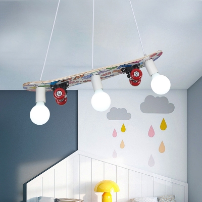 Skateboard Shaped Chandelier Lamp Wood Cartoon 3 Lights Chandelier Lighting Fixture in Red/Blue