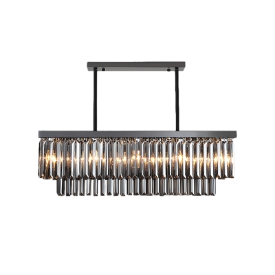 Smoke Crystal Rectangle Pendant Light 10/12 Bulbs Modern Hanging Chandelier for Dining Room, 31.5