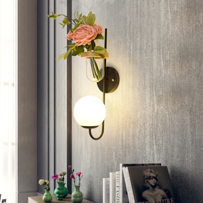 Spherical Wall Sconce Minimalism 1 Light Wall Lamp with Clear Urn Glass Lampshade and Flower Decoration in Black Finish
