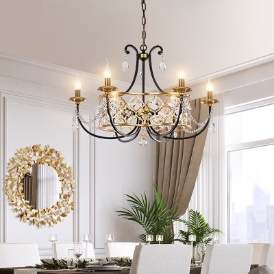 Traditional Candle Chandelier Light 9 Lights Metal Black and Gold Hanging Ceiling Light with K9 Crystal Accents