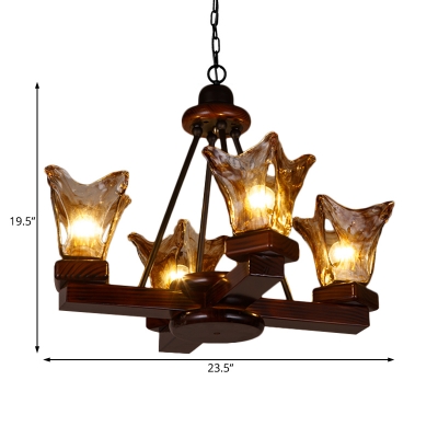 Traditional Chandelier Light with Brown Glass Shade 4/6 Lights Wood Pendant Lamp
