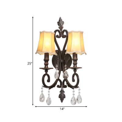Traditional Scalloped Wall Sconce with Crystal Accents 2 Lights Beige Fabric Wall Lamp in Rust