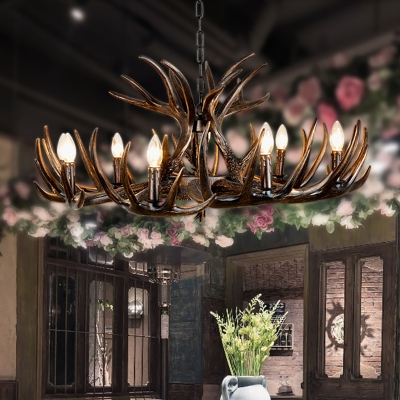 4/6/9 Heads Antlers Chandelier Lamp Height Adjustable Vintage Resin Hanging Light in Brown