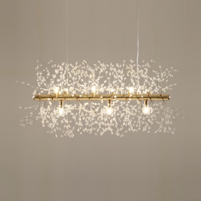 9/12 Lights Linear Pendant Lamp with Clear Crystal Bead Modern Metal Kitchen Island Lighting in Chrome/Gold