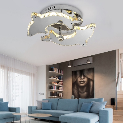 Animal Nickle Semi Flush Mount Light Dolphin 2/3 Heads Metal Ceiling Light for Child Bedroom
