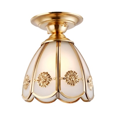 Brass Conical Flush Mount Lighting 1 Light Vintage Flush Ceiling Lamp with White Glass Shade