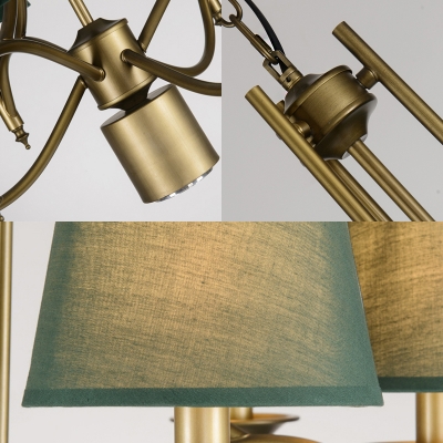 Brass Pendant Lighting with Army Green/Green/White Fabric Shade Vintage 6 Lights Living Room Lighting