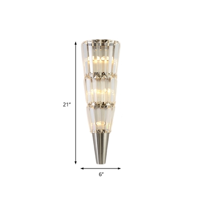 Clear Crystal Cone Wall Light Fixture LED Modern 4 Tiers Wall Lamp in Nickel Finish for Living Room, 6