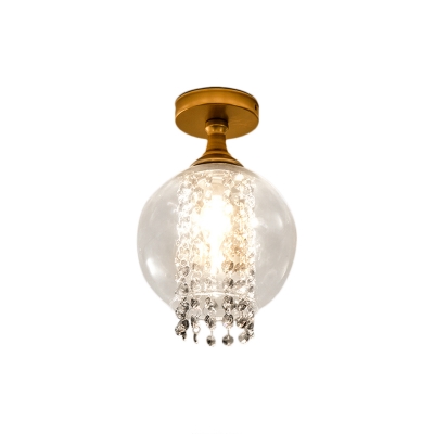 Clear Glass Cylinder/Globe Semi Flush Light with Crystal Strand 1 Light Modern Semi Flush Ceiling Light in Brass