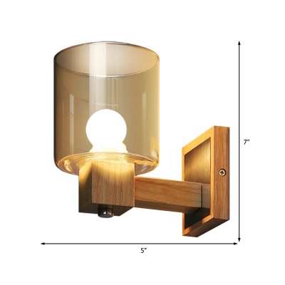 Cognac Glass Cylinder Wall Light Fixture Nordic Style 1 Light Mini Wall Sconce Light in Wood