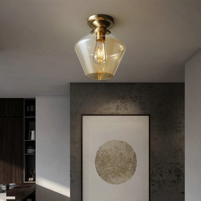 Drum/Vase Ceiling Mounted Fixture with Amber Glass Lampshade Contemporary 1 Light Flush Ceiling Fixture in Brass Finish