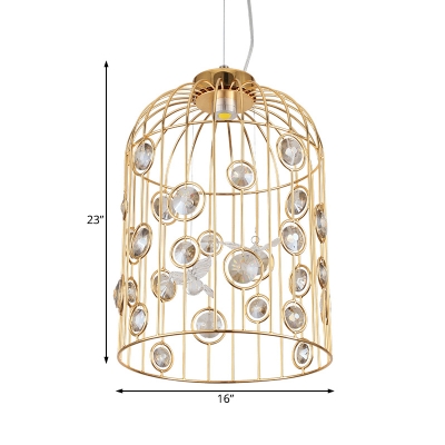 Led Birdcage Pendant Lamp Vintage Modern Metal Brass Hanging Light with Clear Crystal Accents