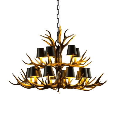 Living Room Chandelier Lamp with Black Cone Shade and Antlers Vintage 6/8/10/12/15-Head Hanging Light