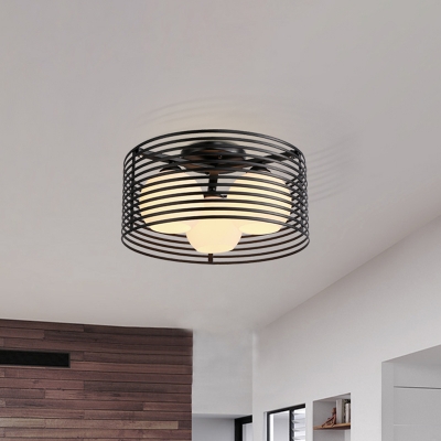 Metal Drum Semi Flushmount with Orb Frosted Glass Shade Modern 3 Lights Flush Lighting in Black/White
