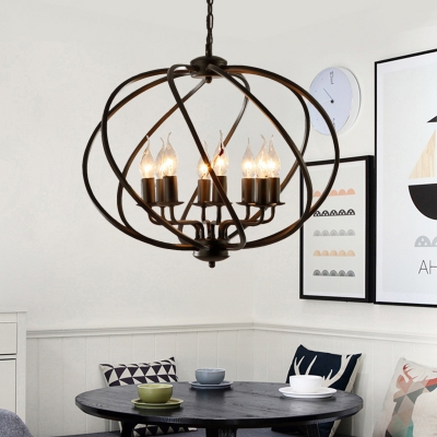 Metal Frame Globe Chandelier Lighting Industrial 8 Bulbs Ceiling Pendant in Black